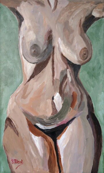 Painting titled "Nude on green backg…" by Michael Aoun, Original Artwork, Acrylic Mounted on Wood Panel