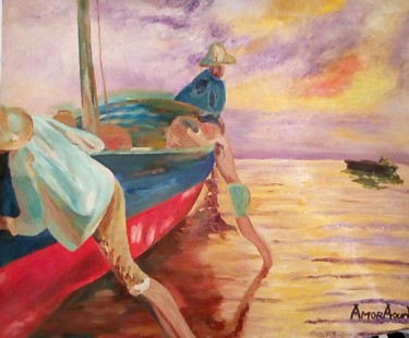 Peinture intitulée "Retour des pêcheurs" par Amor Aoun, Œuvre d'art originale, Huile
