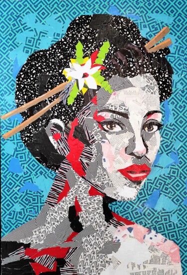 Collages titled "chinese woman" by Ana Almeida, Original Artwork, Collages Mounted on Wood Stretcher frame