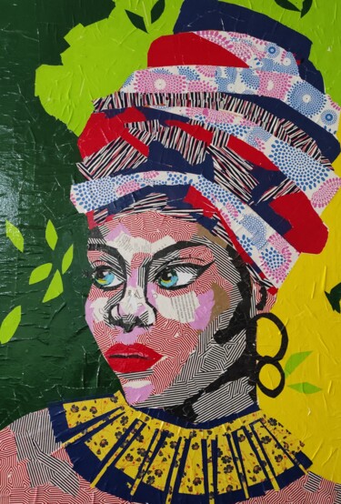 Colagens intitulada "Africana" por Ana Almeida, Obras de arte originais, Colagens Montado em Armação em madeira