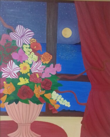 Картина под названием "Λουλούδια στο φεγγα…" - Αφροδιτη Ζαμπετακη, Подлинное произведение искусства, Масло