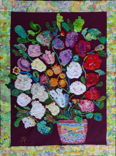 Textielkunst getiteld "Présence des fleurs" door Apignat, Origineel Kunstwerk, Borduurwerk