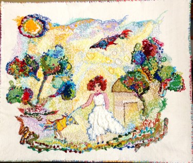 Textile Art titled "promenade au jardin" by Apignat, Original Artwork