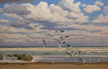 Peinture intitulée "Seagulls" par Andrey Pingachev, Œuvre d'art originale, Huile Monté sur Panneau de bois