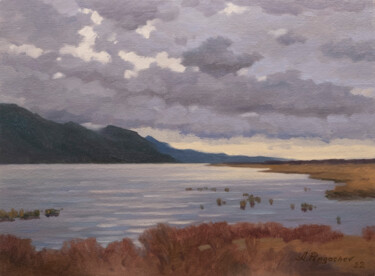 Painting titled "Winter Evening" by Andrey Pingachev, Original Artwork, Oil Mounted on Cardboard