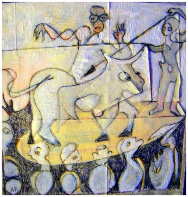 Картина под названием "La fête du taureau" - Alexandre Podgorny, Подлинное произведение искусства, Акварель