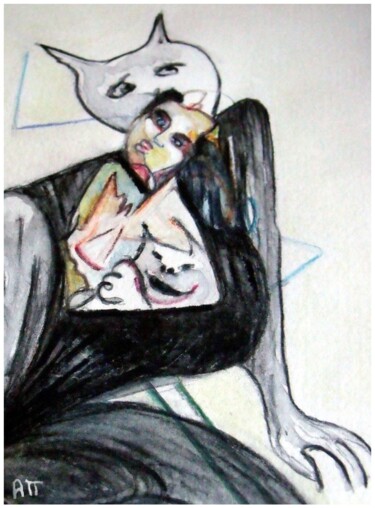 Peinture intitulée "Maman Chat" par Alexandre Podgorny, Œuvre d'art originale, Aquarelle