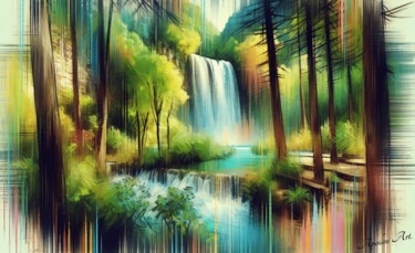 Arte digital titulada "Cascada en el Bosqu…" por Apolini Art., Obra de arte original, Pintura Digital