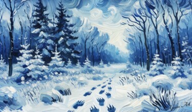 Artes digitais intitulada "Bosque Nevado con H…" por Apolini Art., Obras de arte originais, Aquarela