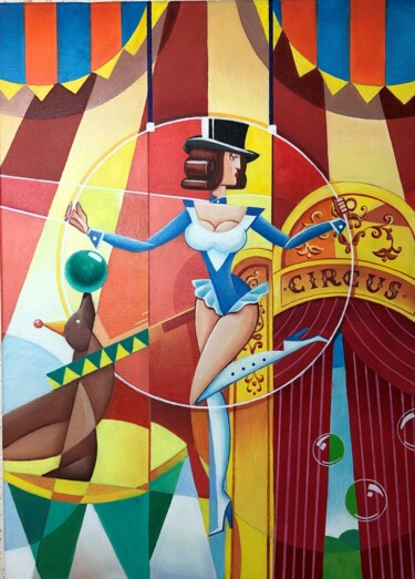 Painting titled "Circus" by Apollonas Soben, Original Artwork, Oil Mounted on Wood Stretcher frame