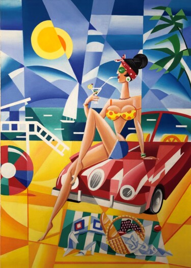 Pintura titulada "№ 00141 «My red cab…" por Apollonas Soben, Obra de arte original, Oleo Montado en Bastidor de camilla de m…