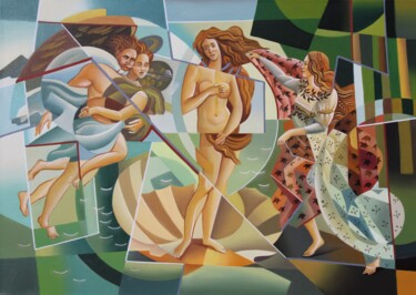 Pintura intitulada "0268 «Cubistic Birt…" por Apollonas Soben, Obras de arte originais, Óleo Montado em Armação em madeira