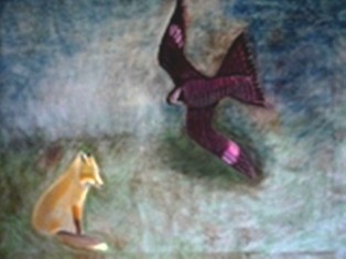 Painting titled "Fox and Night Hawk" by Catherine Meyers, Original Artwork