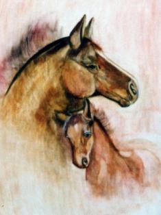 Painting titled "Mare and Foal" by Catherine Meyers, Original Artwork