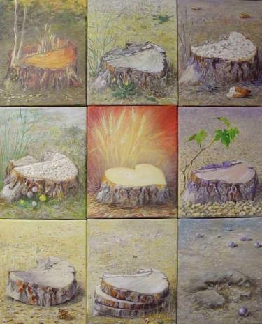 Peinture intitulée "Panier des pins en…" par Applestrophe, Œuvre d'art originale, Acrylique Monté sur Panneau de bois