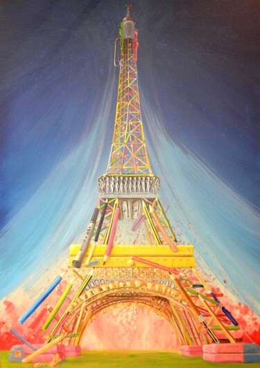 Painting titled "Tour Eiffel constru…" by Applestrophe, Original Artwork, Acrylic