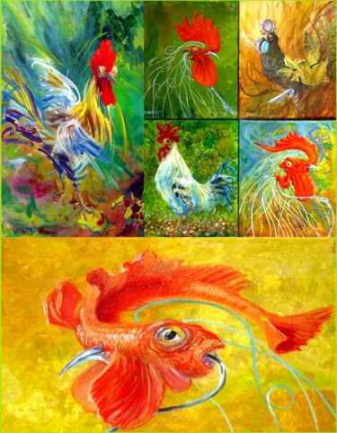 Pintura intitulada "6 tableaux coqs en…" por Applestrophe, Obras de arte originais, Acrílico