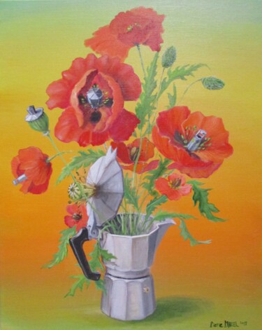 CAFÉ AVEC LES COQUELICOTS pour VERPAL de PARIS Peinture intitulée "CAFÉ AVEC LES COQUE…" par Applestrophe, Œuvre d'art originale, Acrylique