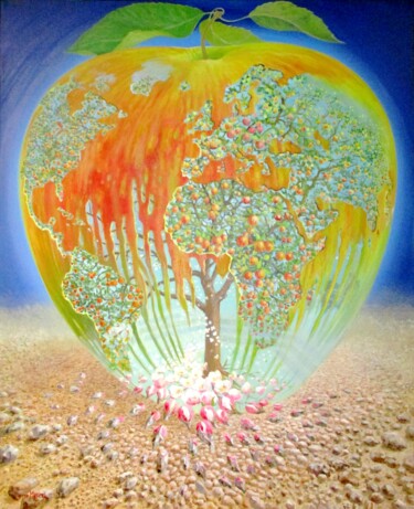 Malerei mit dem Titel "En pommier, L'écolo…" von Applestrophe, Original-Kunstwerk, Acryl Auf Keilrahmen aus Holz montiert