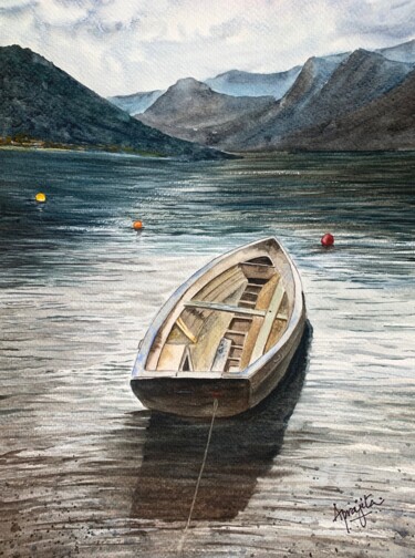 Painting titled "A Boat at Lake Cuomo" by Aprajita Lal, Original Artwork, Watercolor