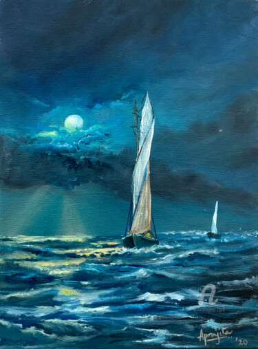 Painting titled "Moonlit Stormy Seas" by Aprajita Lal, Original Artwork, Oil