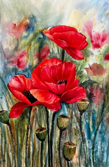 绘画 标题为“Red Glories” 由Aprajita Lal, 原创艺术品, 水彩