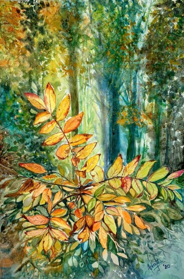 Malerei mit dem Titel "Golden Leaves" von Aprajita Lal, Original-Kunstwerk, Aquarell