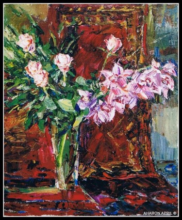 Painting titled "Orchid and roses on…" by Aharon Aaron April April, Original Artwork, Oil