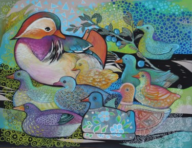 Peinture intitulée "Canard mandarin" par Oxana Zaika, Œuvre d'art originale, Tempera