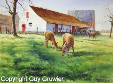 Painting titled "The deer farm" by Guy Gruwier, Original Artwork