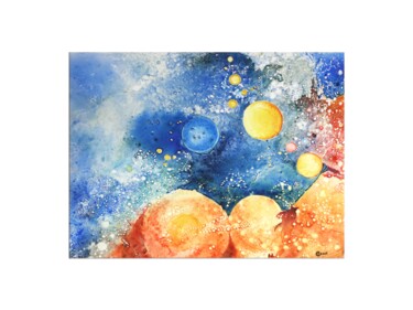 Painting titled "Cosmos 1" by Guy Le Coz, Original Artwork, Watercolor Mounted on Wood Stretcher frame