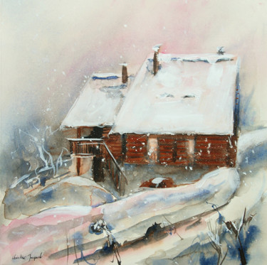 Peinture intitulée "Chalet sous la neige" par Christine Jacquel, Œuvre d'art originale, Gouache