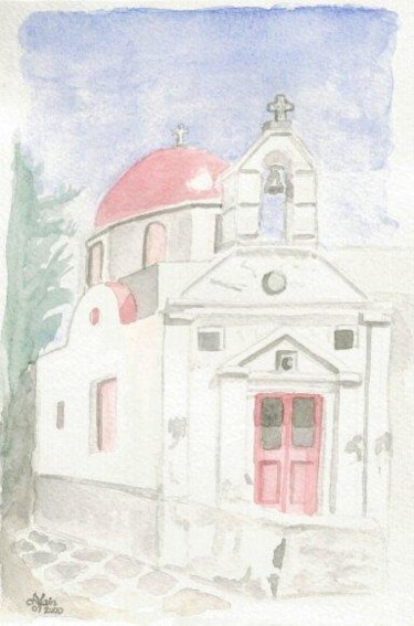 Painting titled "0007 Eglise Mykonos" by Aquarelles-Alain, Original Artwork, Oil