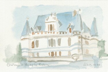 Pintura titulada "0011 Chateau d'Azay…" por Aquarelles-Alain, Obra de arte original, Acuarela