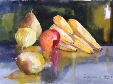 Painting titled "Nature morte fruits" by Jacqueline De Streel, Original Artwork