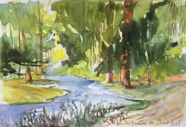 Peinture intitulée "Campagne et ruisseau" par Jacqueline De Streel, Œuvre d'art originale, Aquarelle