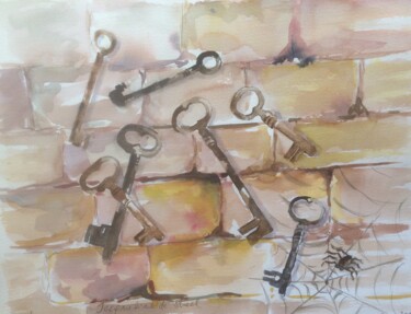 Painting titled "Clefs rouillées" by Jacqueline De Streel, Original Artwork, Watercolor