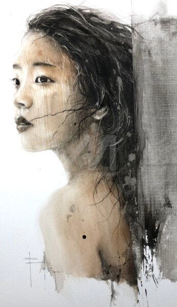 Painting titled "Lyan regard d'encre" by Pascal Pihen, Original Artwork, Watercolor Mounted on Other rigid panel