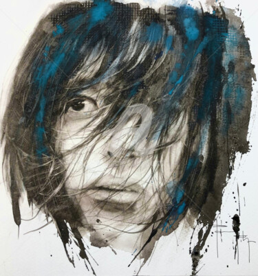 Peinture intitulée "Regard noir bleu nu…" par Pascal Pihen, Œuvre d'art originale, Aquarelle Monté sur Autre panneau rigide