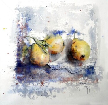 Peinture intitulée "Poires sur napperon" par Pascal Pihen, Œuvre d'art originale, Huile