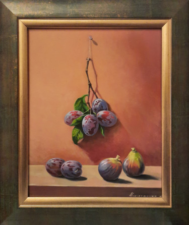 Painting titled "Still life plums an…" by Ara Gasparyan, Original Artwork, Oil Mounted on Wood Stretcher frame