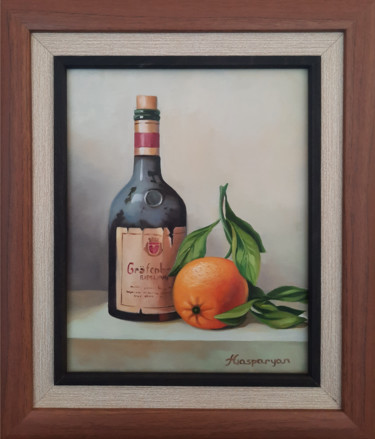 Painting titled "Still life with bot…" by Ara Gasparyan, Original Artwork, Oil Mounted on Wood Stretcher frame