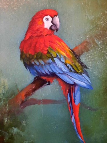 Painting titled "Parrot (24x35cm, oi…" by Ara Gasparyan, Original Artwork, Oil Mounted on Wood Stretcher frame