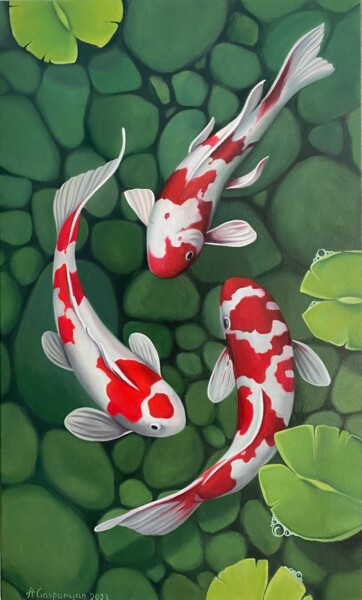 Painting titled "Fishes" by Ara Gasparyan, Original Artwork, Oil Mounted on Wood Stretcher frame
