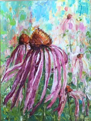 Painting titled "Camomile round danc…" by Надежда Аракелян, Original Artwork, Oil
