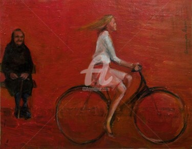 Painting titled ",,На велосипеде,," by Aram Simonyan, Original Artwork, Oil