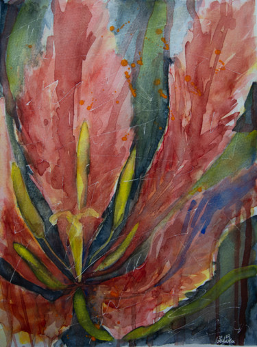 Fading red tulip- floral watercolor painting Schilderij getiteld "Fading red tulip- f…" door Beybuka, Origineel Kunstwerk, Aquarel