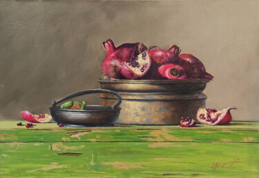 Painting titled "Still life with pom…" by Arayik Muradyan, Original Artwork, Oil Mounted on Wood Stretcher frame