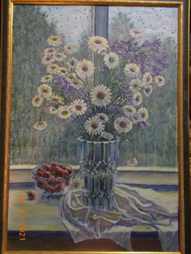 Malerei mit dem Titel "Daizies and strawbe…" von Artyom Ukhov, Original-Kunstwerk, Öl