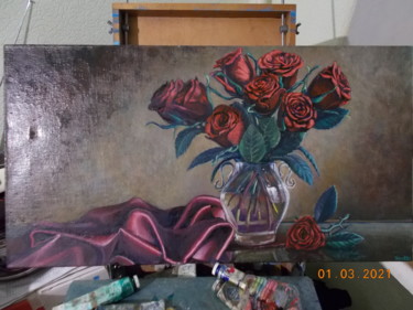 Painting titled "Roses in rose" by Artyom Ukhov, Original Artwork, Oil